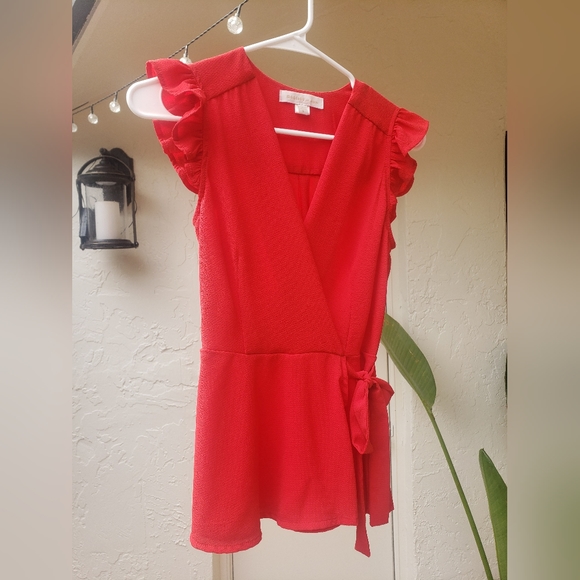 New Ruffle Sleeve Peplum Top Red S - Picture 3 of 4